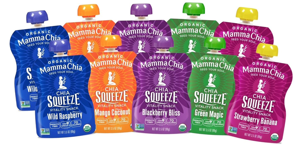 Mamma Chia pack frontal mostrando los pouches y variedad de sabores beneficios energéticos