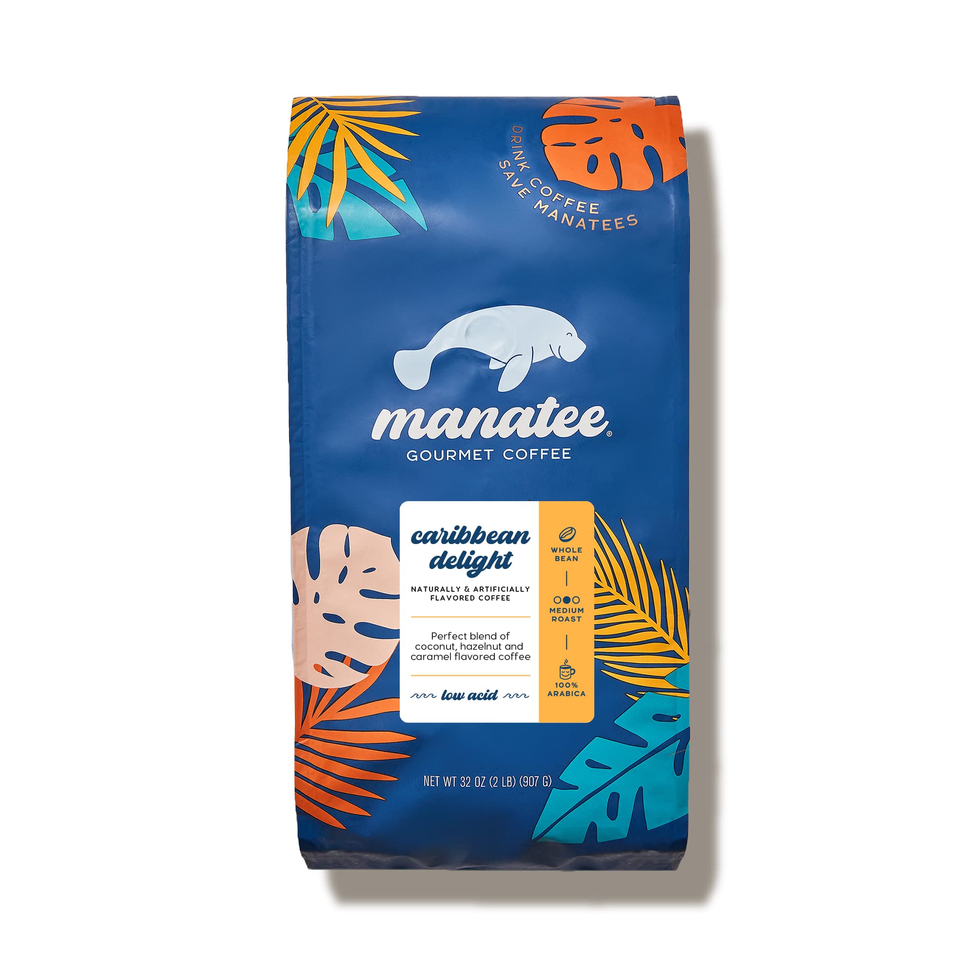 Manatee Gourmet front packaging showing Caribbean Delight 2 lb bag and clear branding benefit: recognizable gift-ready design
