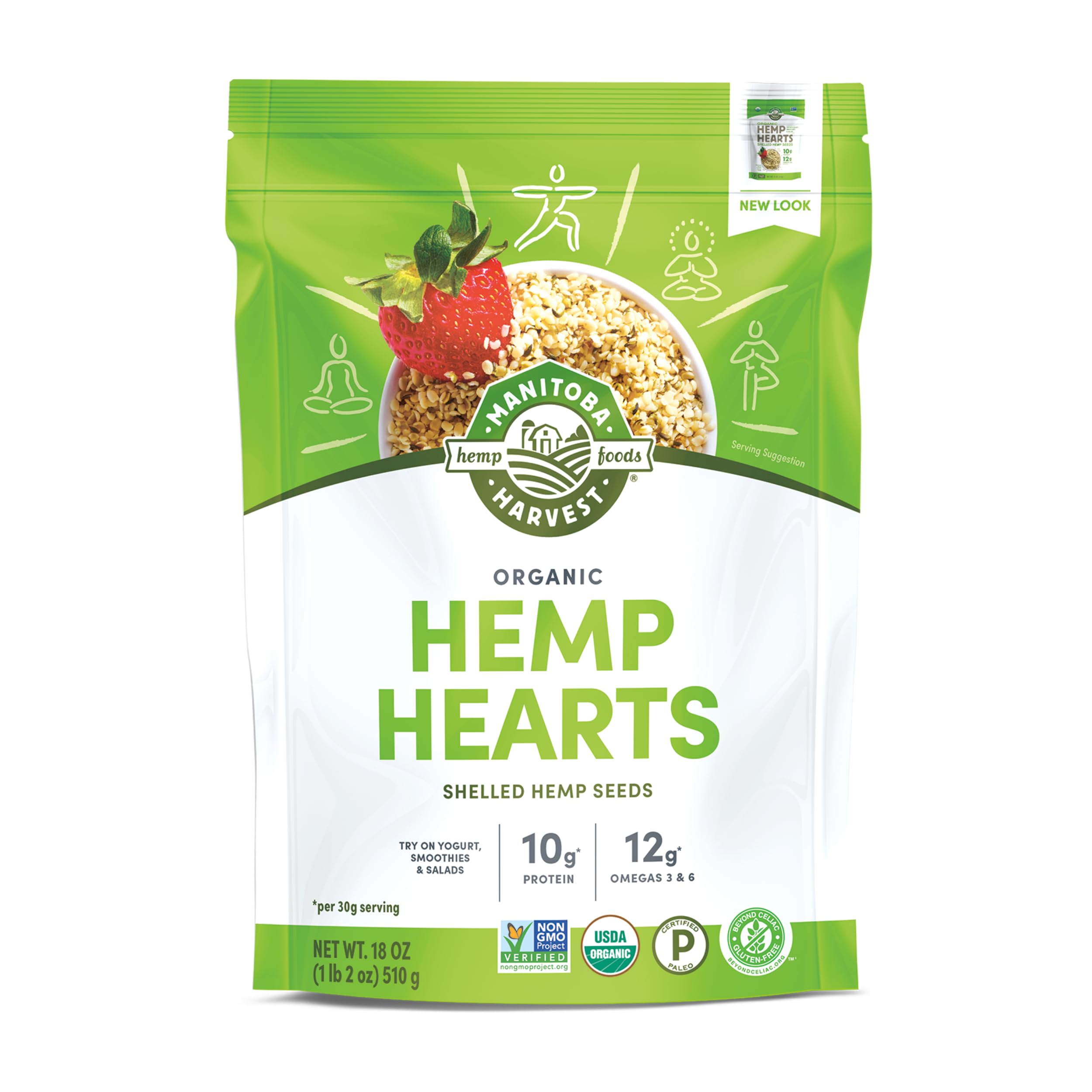 Manitoba Harvest envase frontal mostrando Hemp Hearts y conveniencia