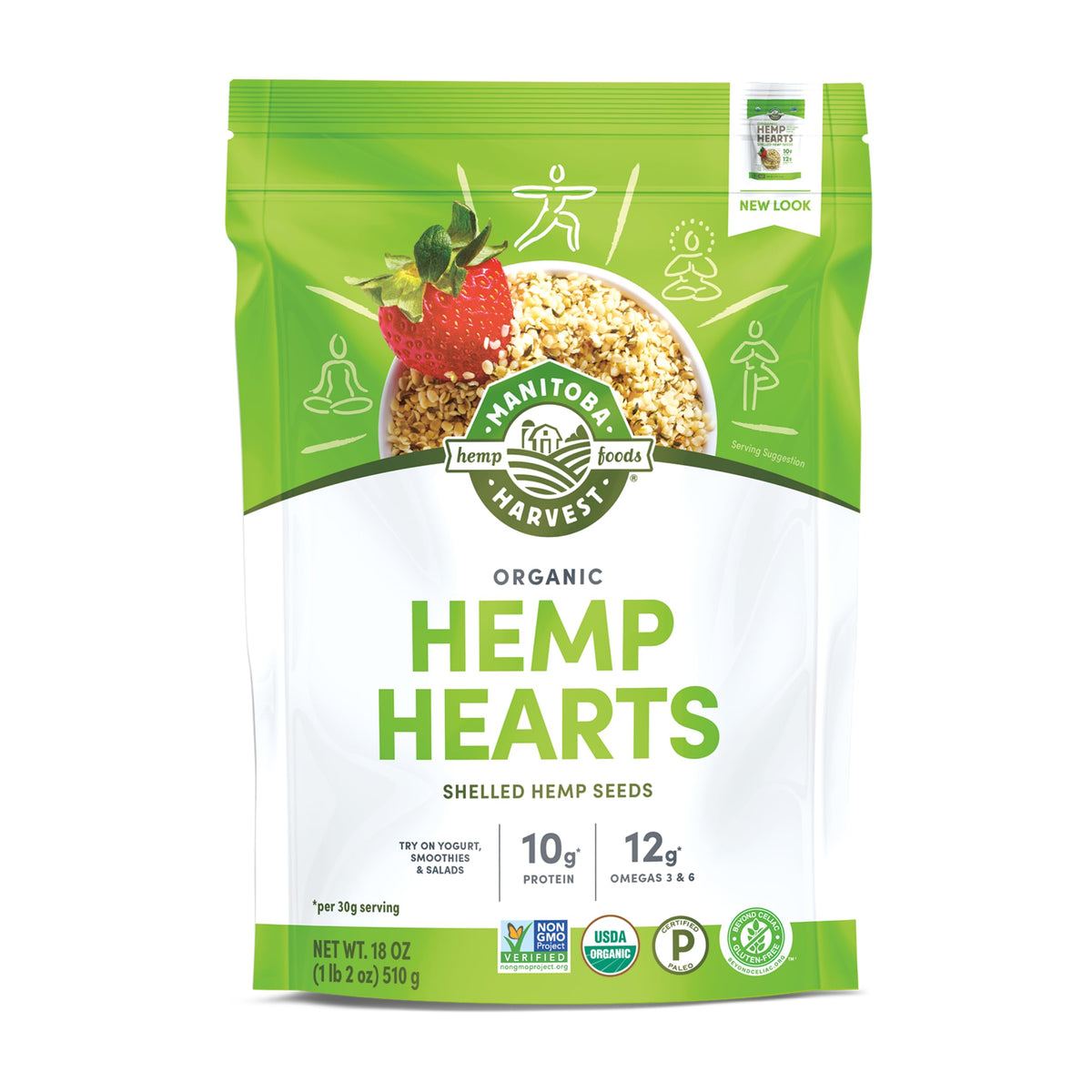 Manitoba Harvest envase frontal mostrando Hemp Hearts y conveniencia