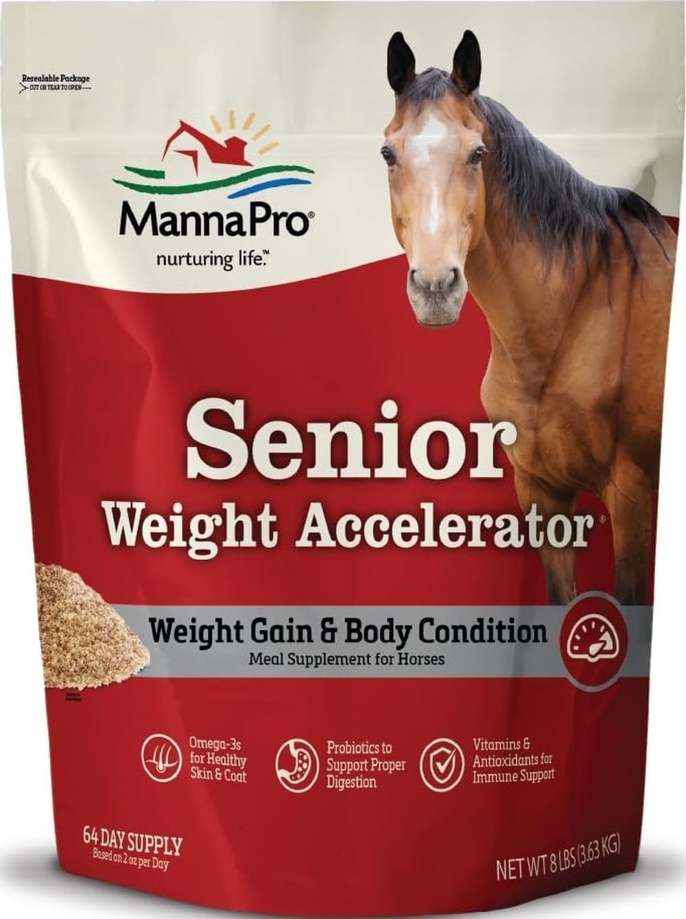 Manna Pro paquete frontal mostrando el formato de 8 lb y beneficio de engorde