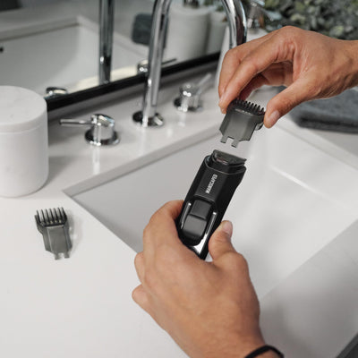 MANSCAPED Beard Hedger lifestyle bathroom setup showing travel-ready grooming ease