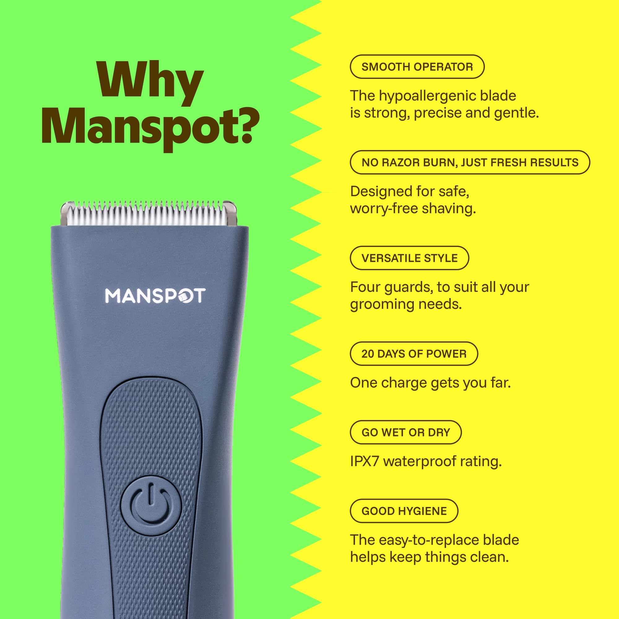 MANSPOT primer plano de la cuchilla aeroespacial que ofrece afeitado seguro