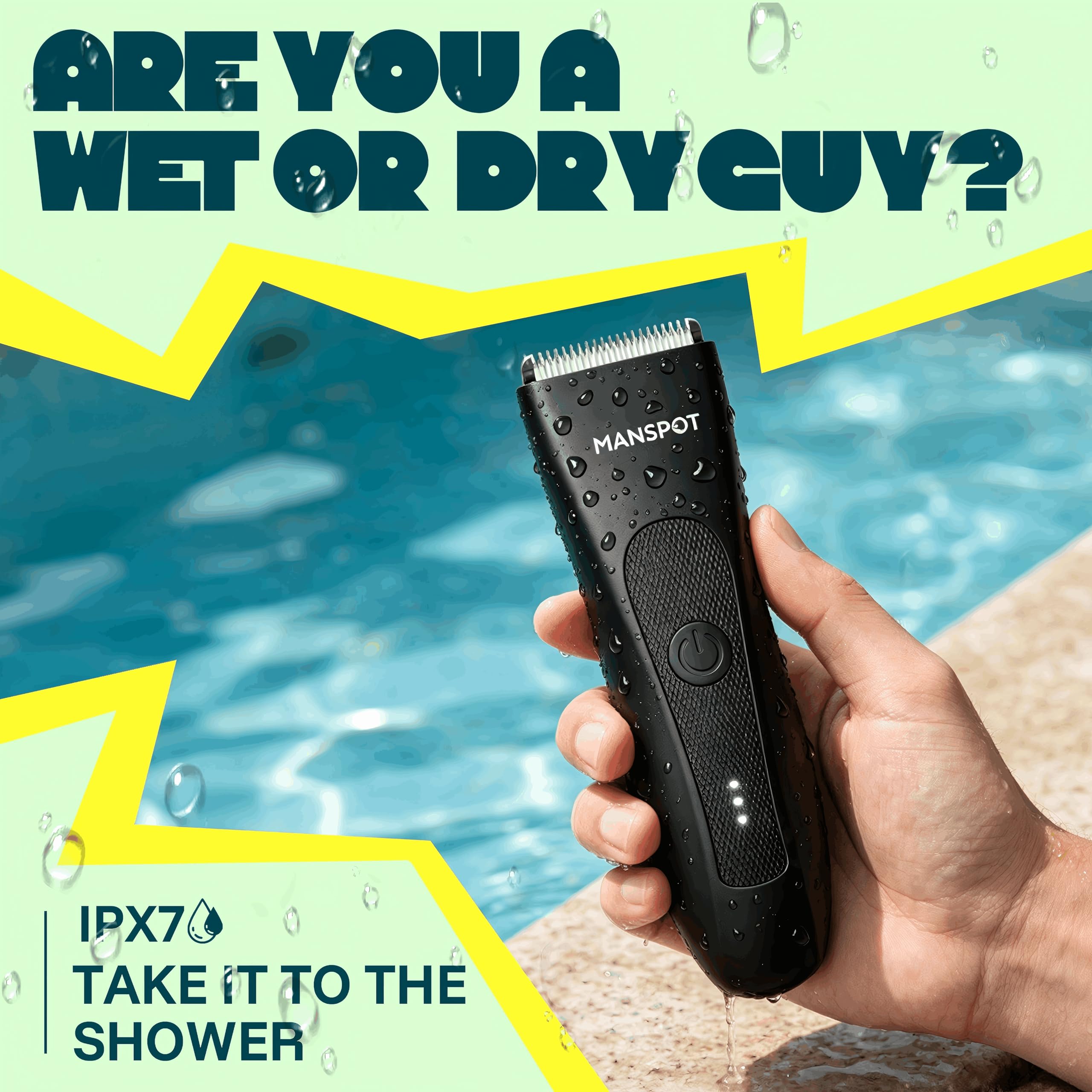 MANSPOT trimmer submerged under water illustrating waterproof cleaning and use