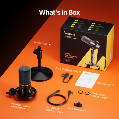 MAONO PD200W accessories laid out including cables, receiver, and stand for out-of-the-box setup