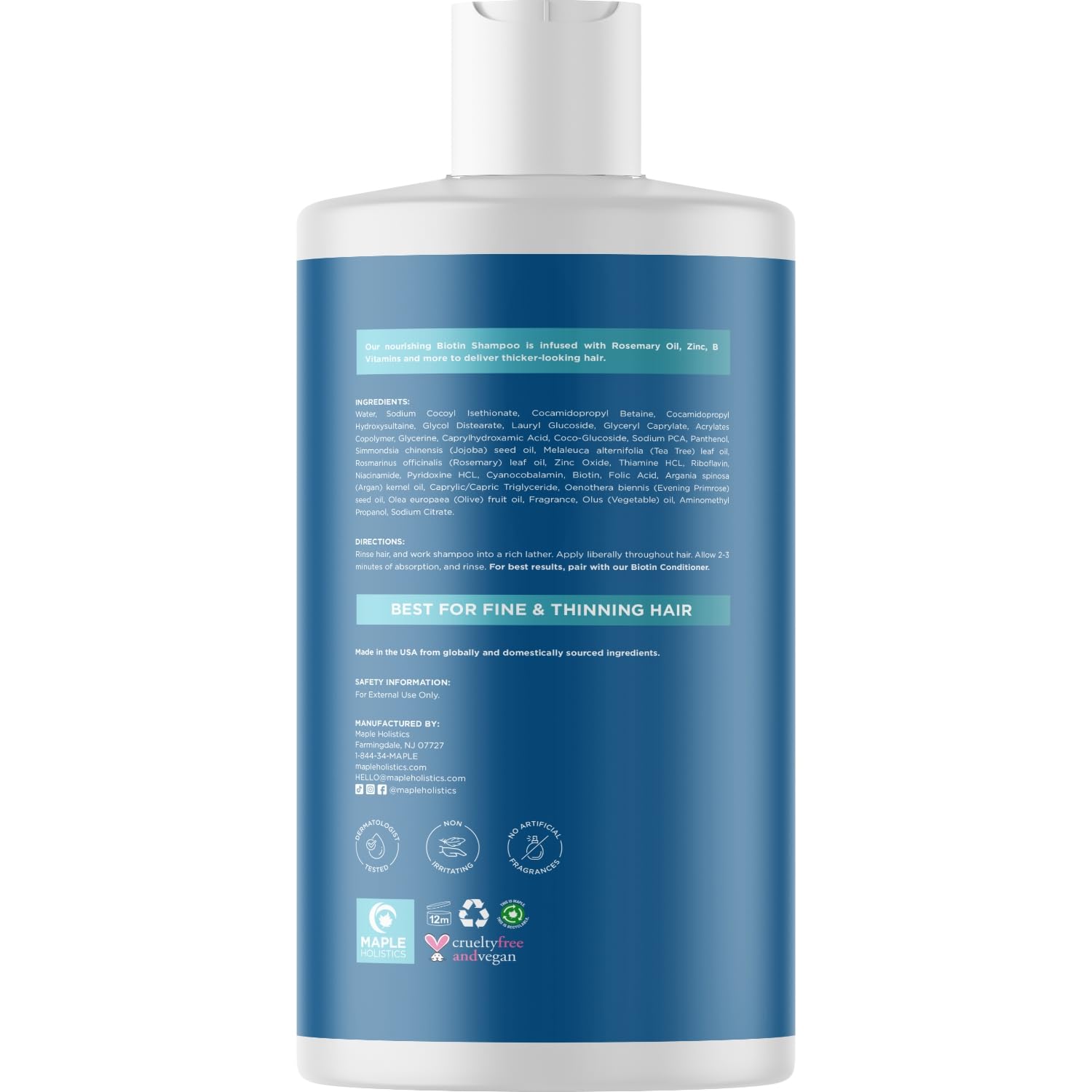 Maple Holistics etiqueta con ingredientes naturales y beneficios visibles