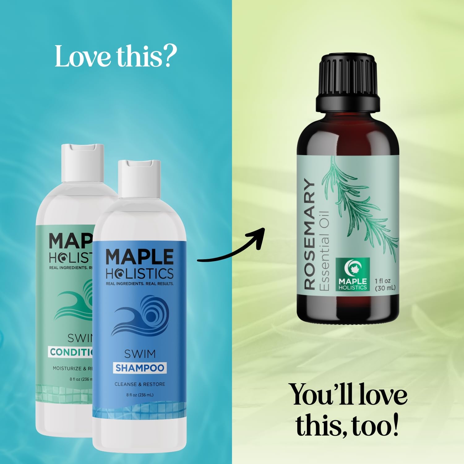 Maple Holistics bottles held in hand to show size and portable post-swim convenience