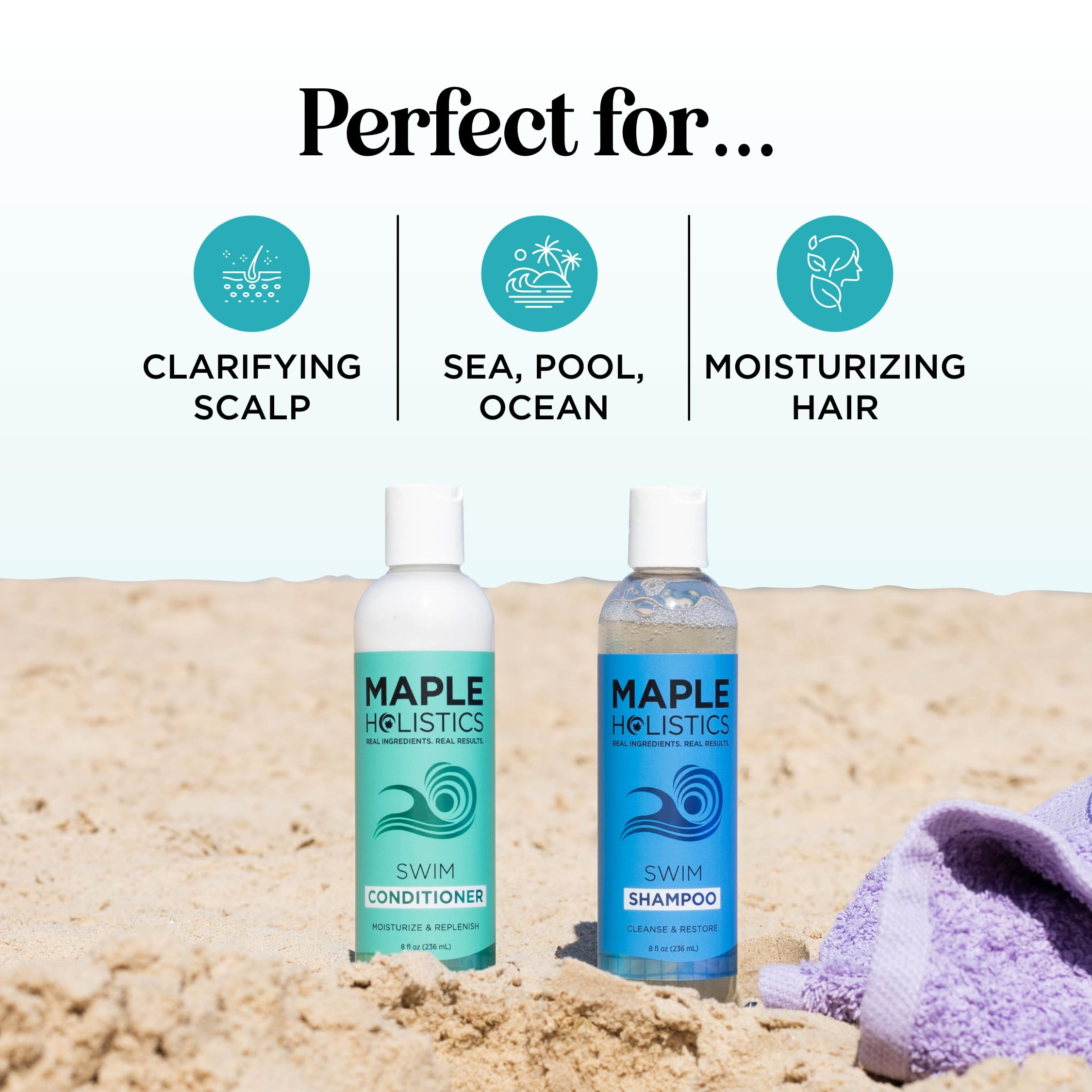 Maple Holistics set on bathroom shelf suggesting daily shower and poolside readiness