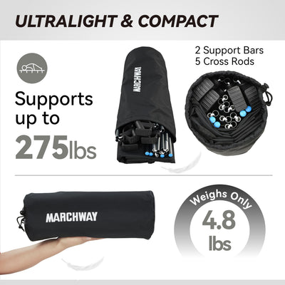 MARCHWAY wide non-marring foot detail showing stability and tent-floor protection benefit
