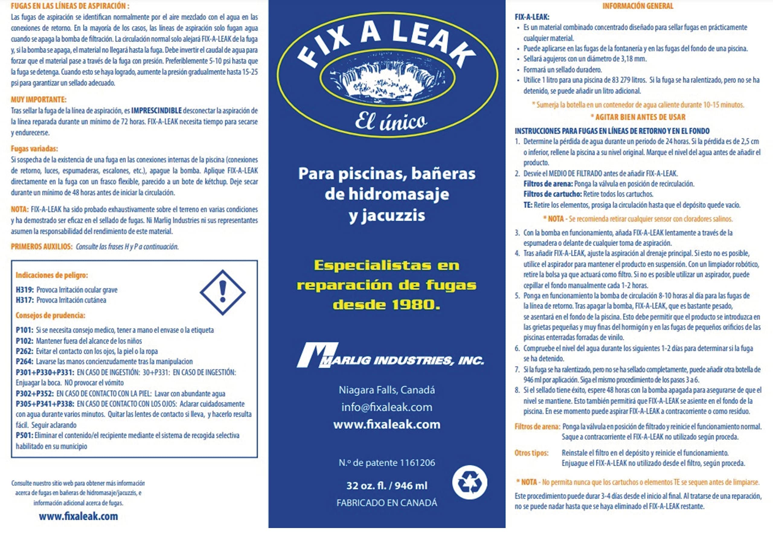 Marlig Fix-A-Leak aplicado en piscina cerca del skimmer, facilita reparación de fugas