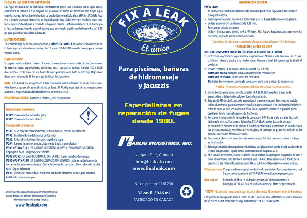 Marlig Fix-A-Leak aplicado en piscina cerca del skimmer, facilita reparación de fugas