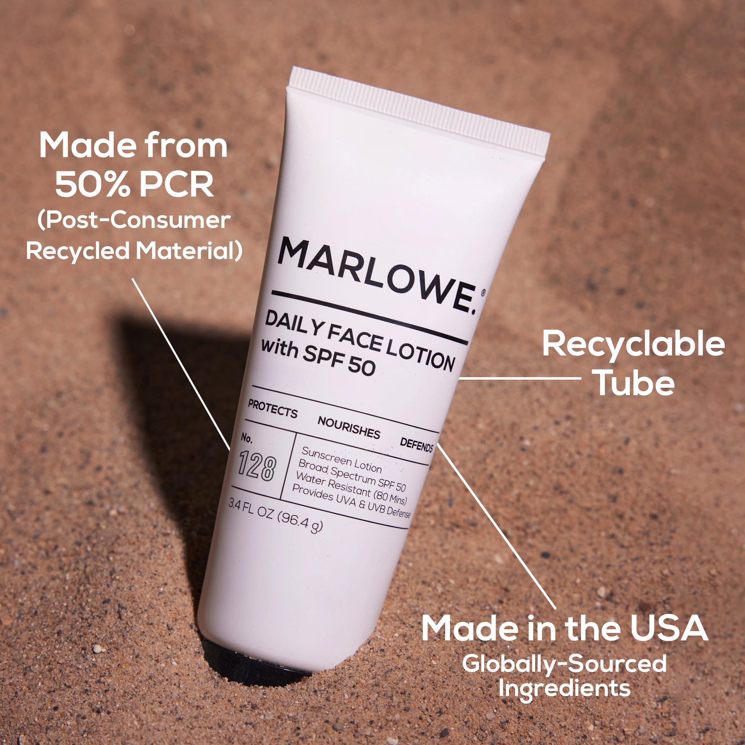 MARLOWE. etiqueta con ingredientes clave hidratantes y calmantes
