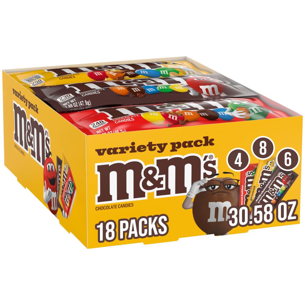 Mars M&M'S frontal del pack variado mostrando las 18 bolsas, ideal para compartir