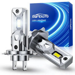 Marsauto bombilla H7 frontal con empaque mostrando kit doble y beneficios