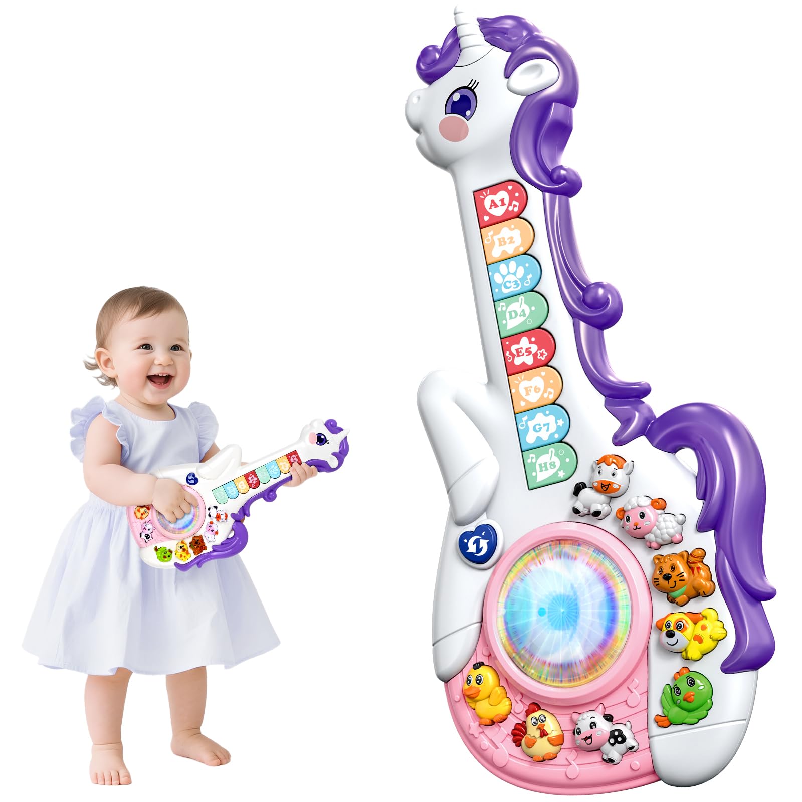 Marstone guitarra unicornio vista frontal y botones educativos