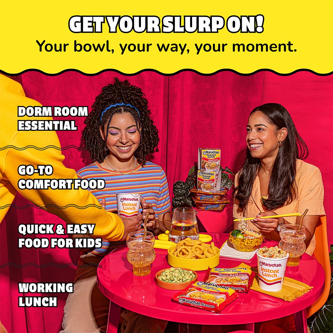 Maruchan comparación de tamaño junto a utensilios para referencia
