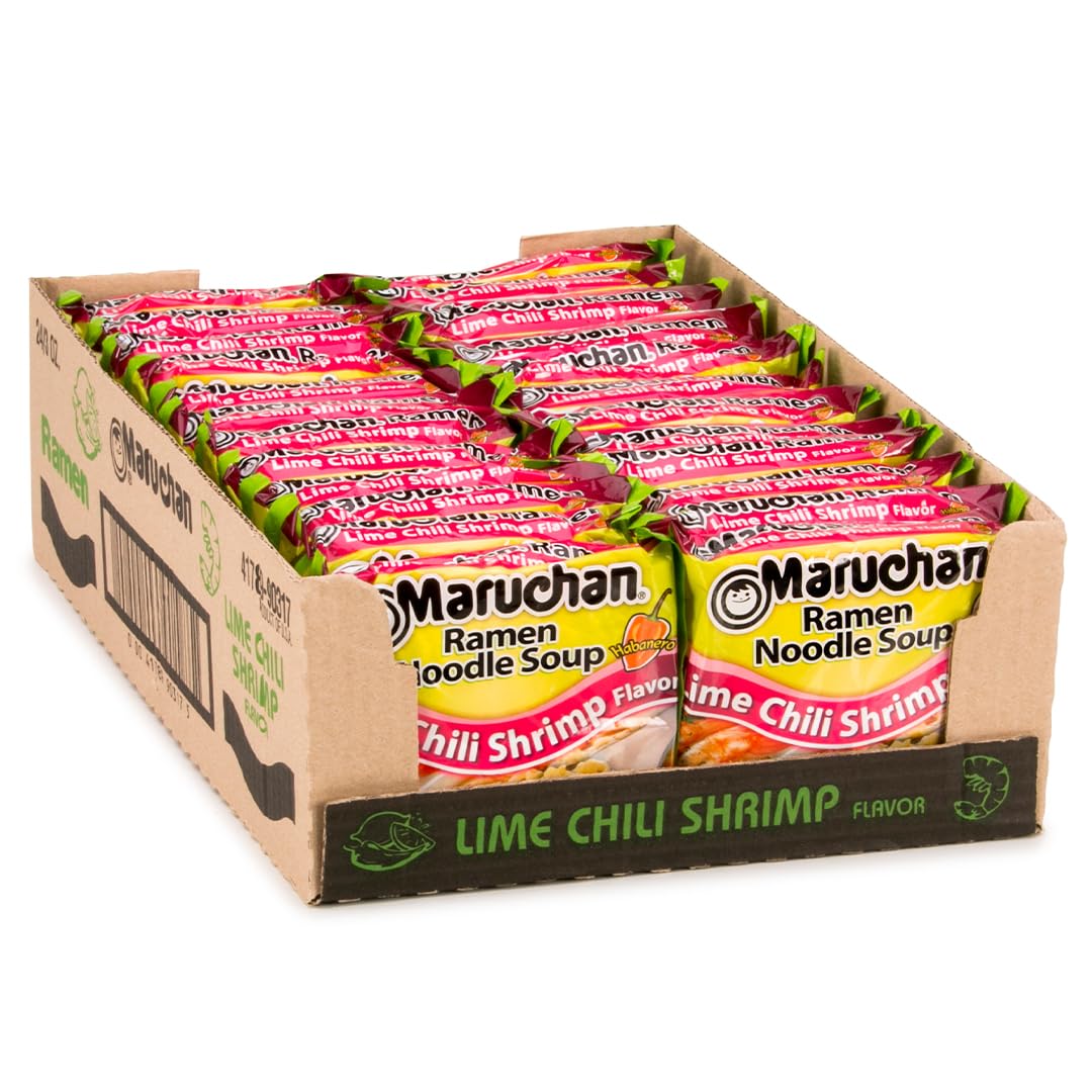 Maruchan empaque frontal Lime Chili Shrimp mostrando la marca y atracción visual