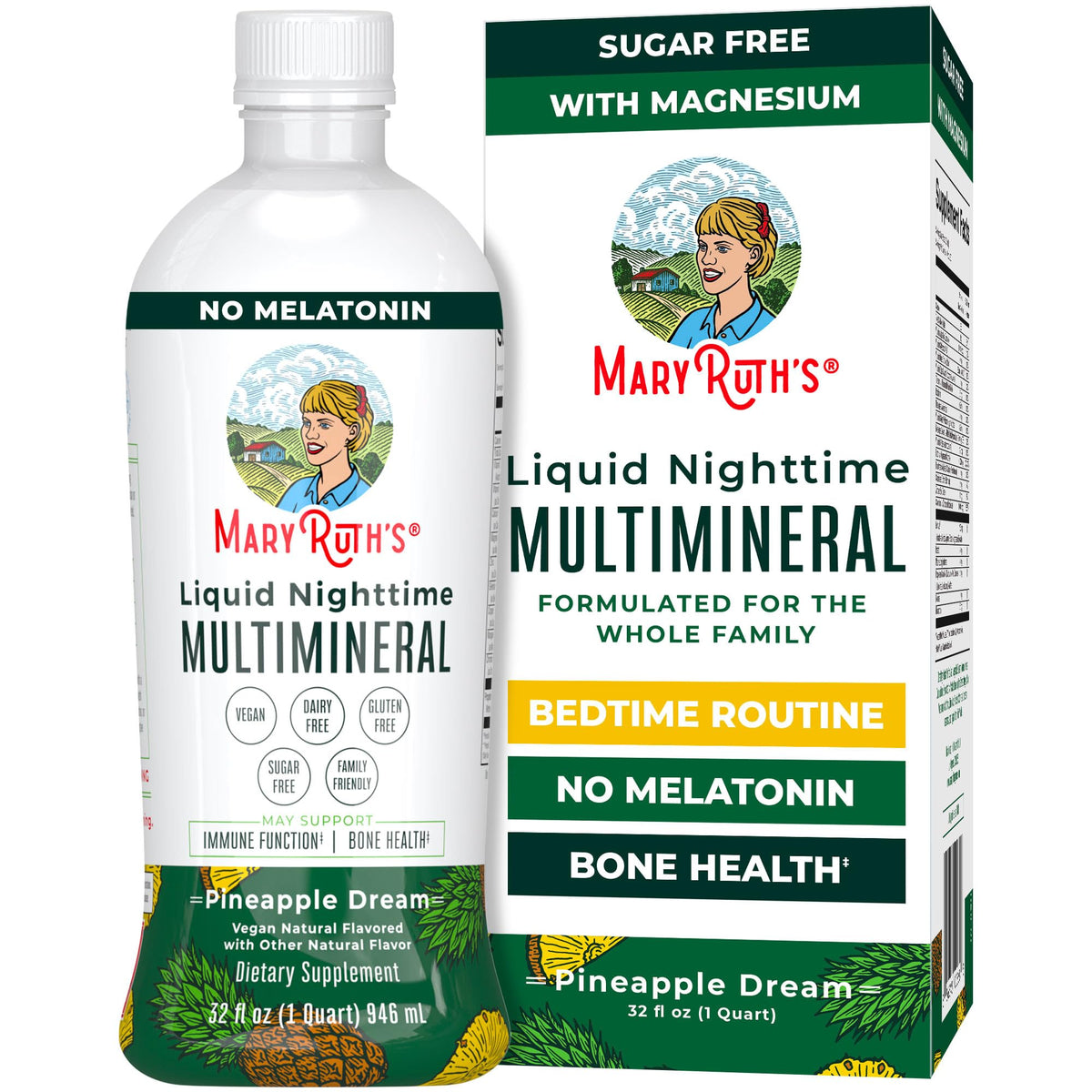 MARYRUTH'S botella frontal mostrando formato líquido y beneficios veganos