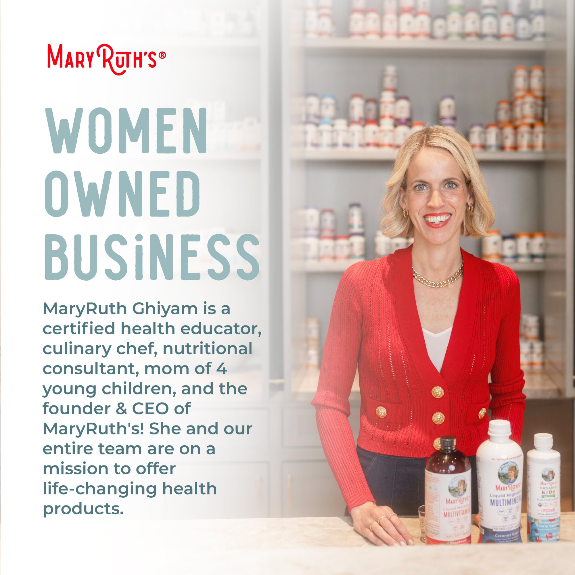 MARYRUTH'S empaque con sellos orgánicos y certificaciones visibles