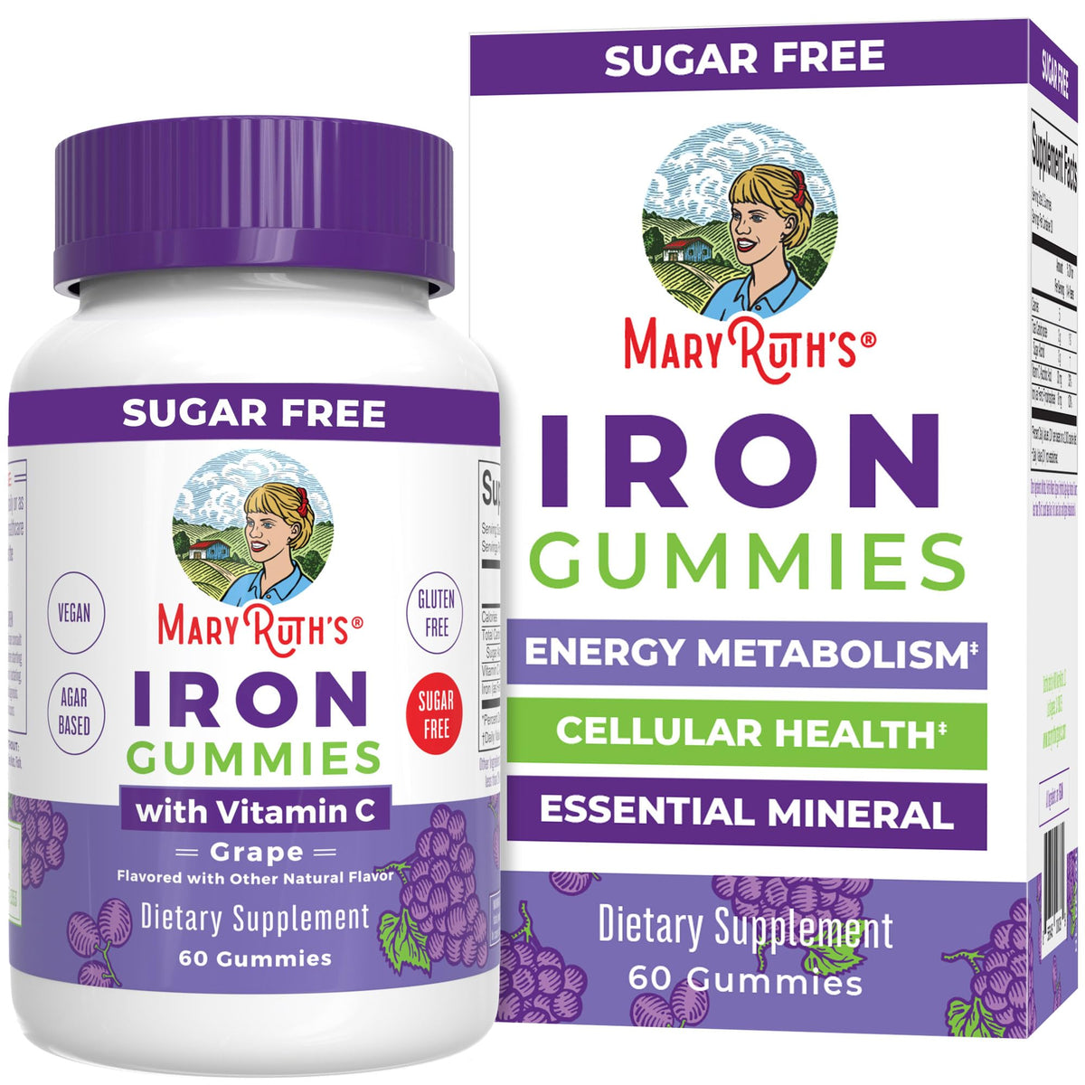 MaryRuth's envase frontal de Iron Gummies, presentación clara y beneficios visibles