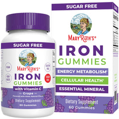 MaryRuth's envase frontal de Iron Gummies, presentación clara y beneficios visibles