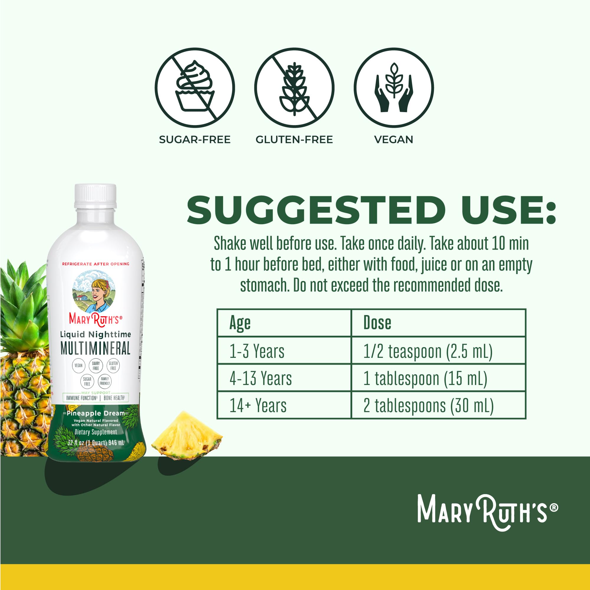 MARYRUTH'S etiqueta con lista de minerales y vitamina D3 visible