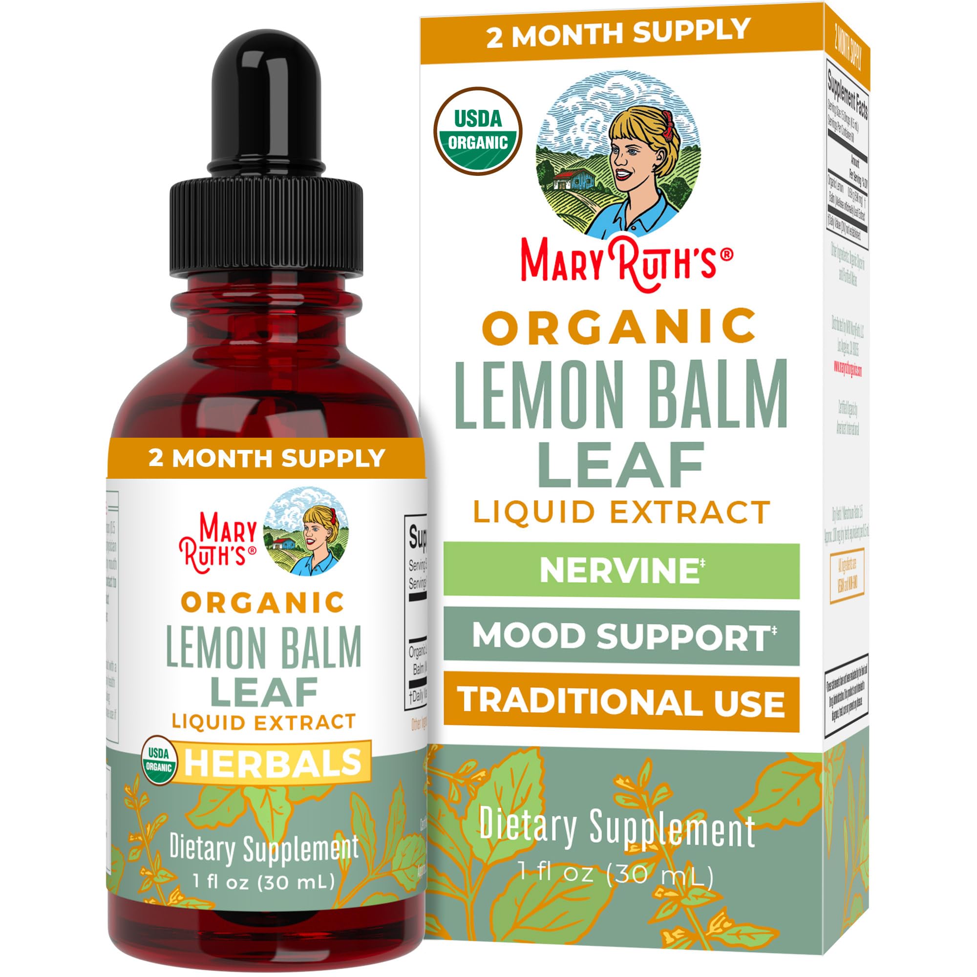 MARYRUTH'S frasco frontal de melisa orgánica mostrando etiqueta y tamaño