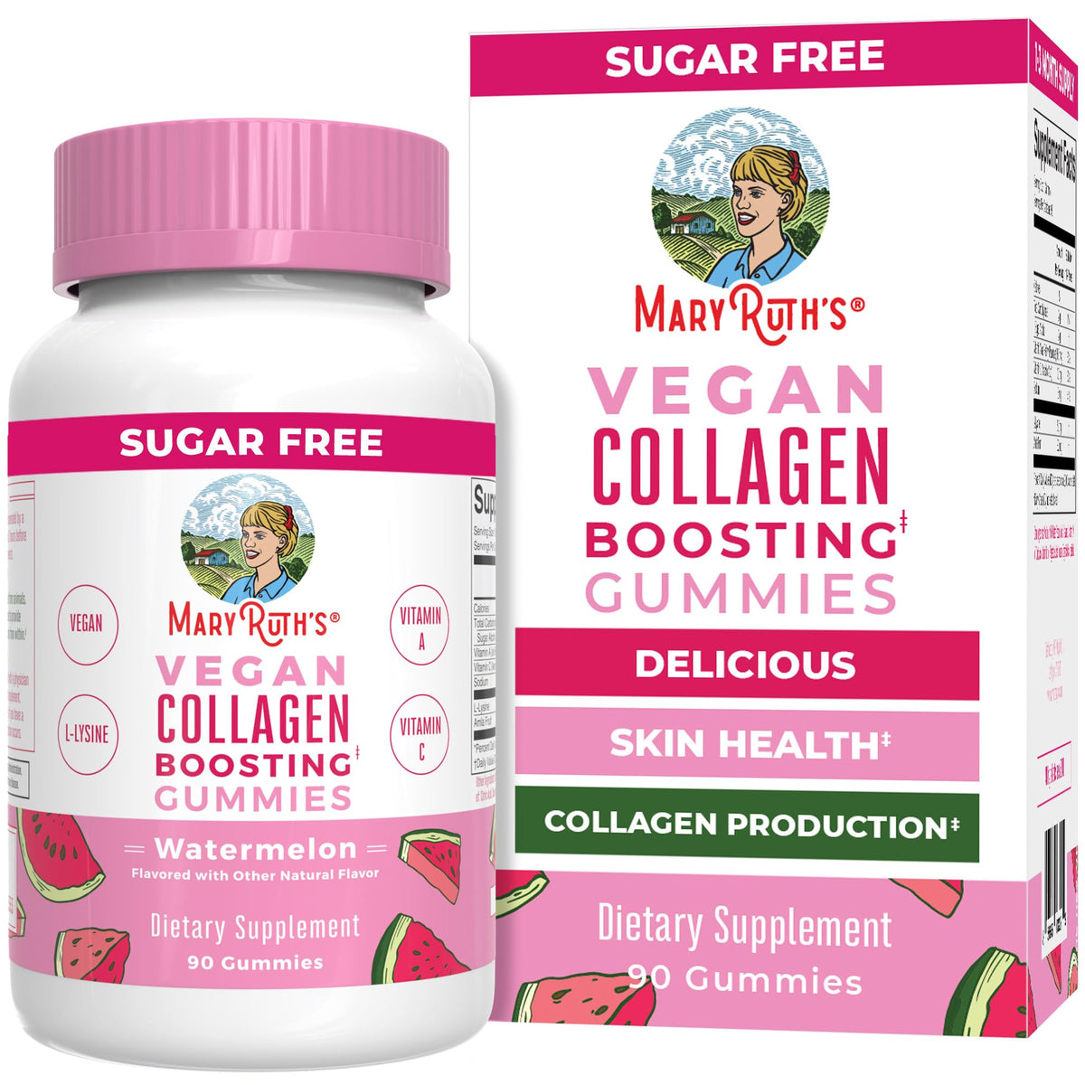 MARYRUTH'S front packaging showing vegan collagen gummies and benefits