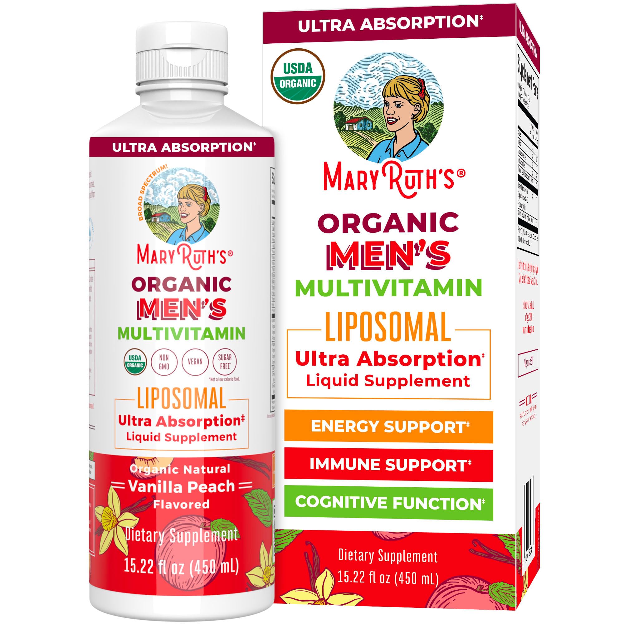 MARYRUTH'S envase frontal del multivitamínico liposomal, fácil de identificar y usar