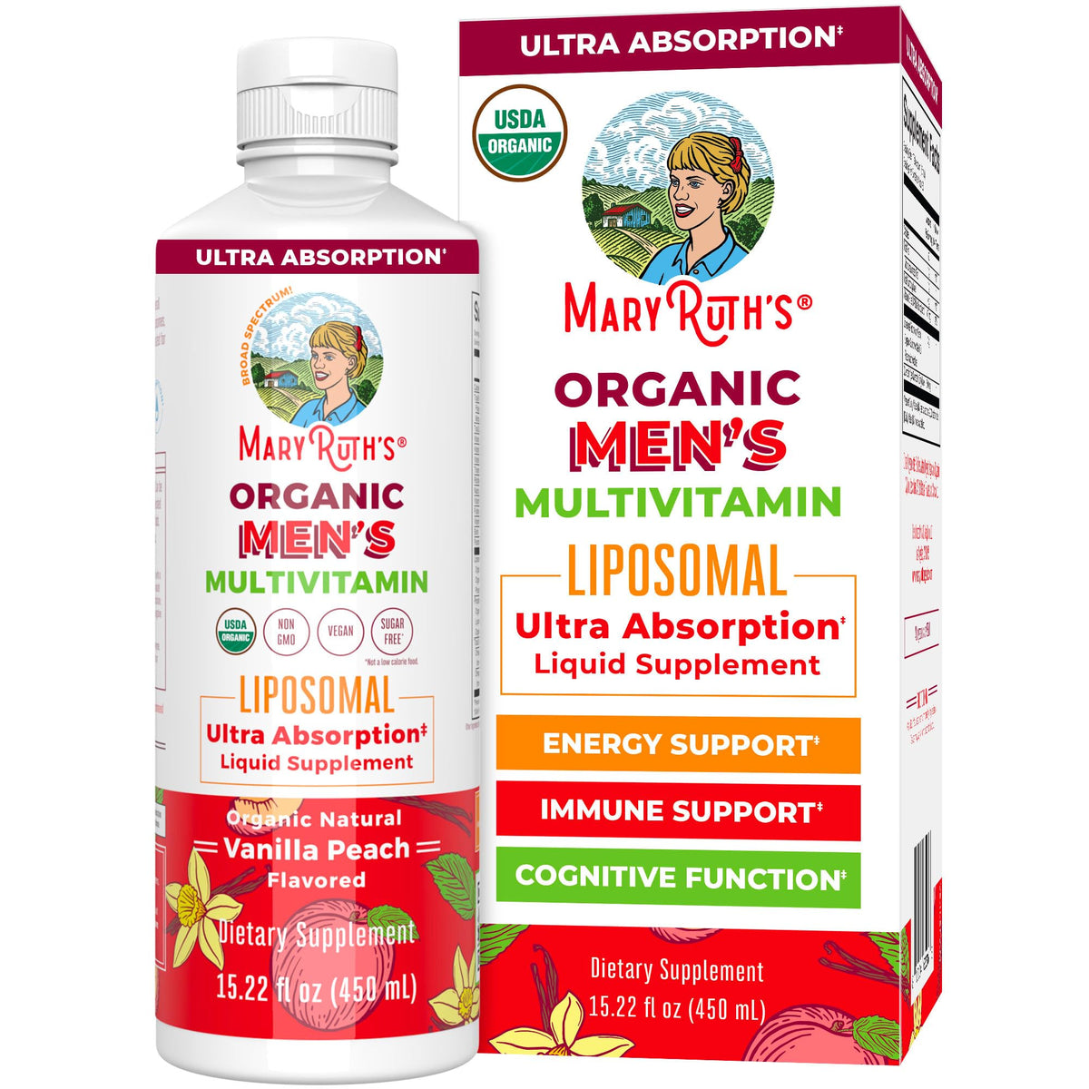 MARYRUTH'S envase frontal del multivitamínico liposomal, fácil de identificar y usar