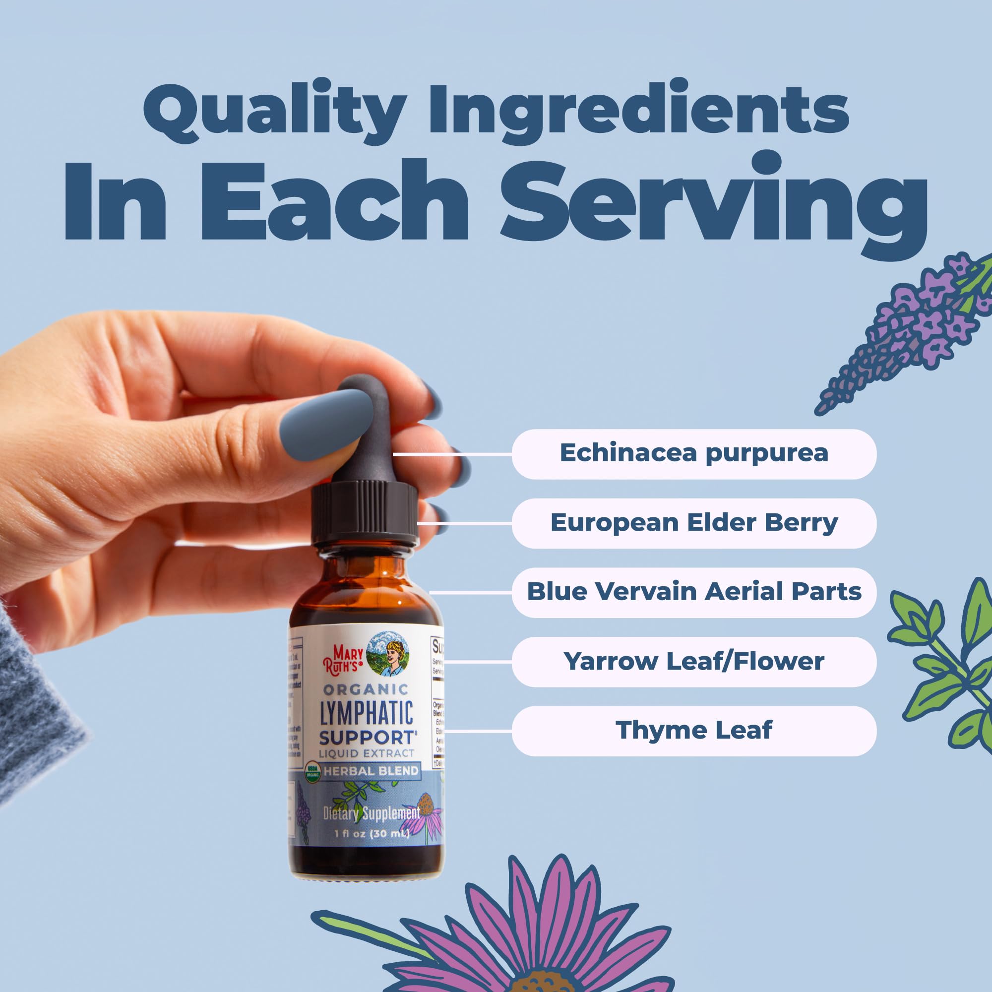 MARYRUTH'S label close-up showing certifications and ingredients