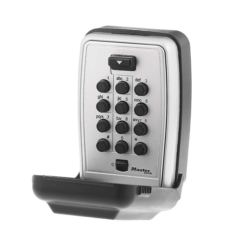 Master Lock vista frontal caja llave negra, seguridad resistente exterior