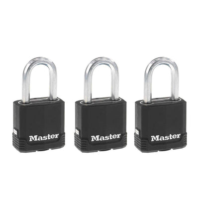 Master Lock padlock 3-pack front view showing durable outdoor protection