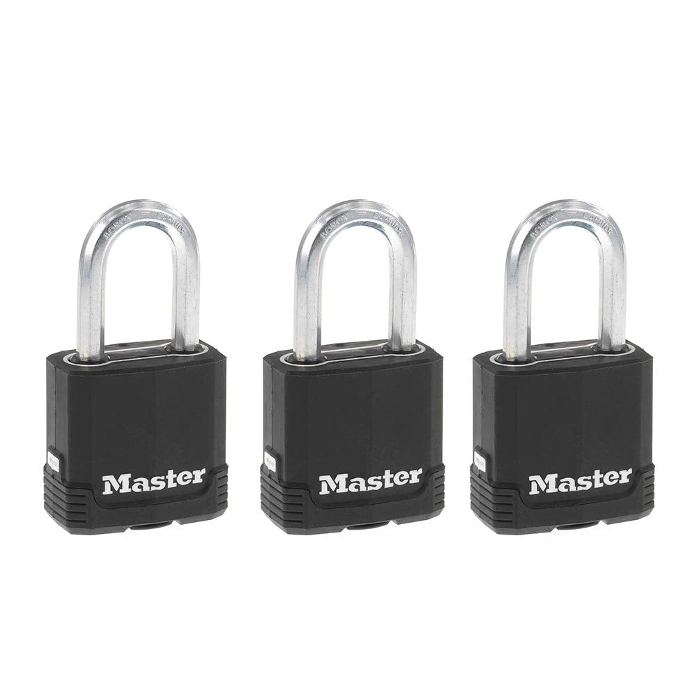 Master Lock padlock 3-pack front view showing durable outdoor protection