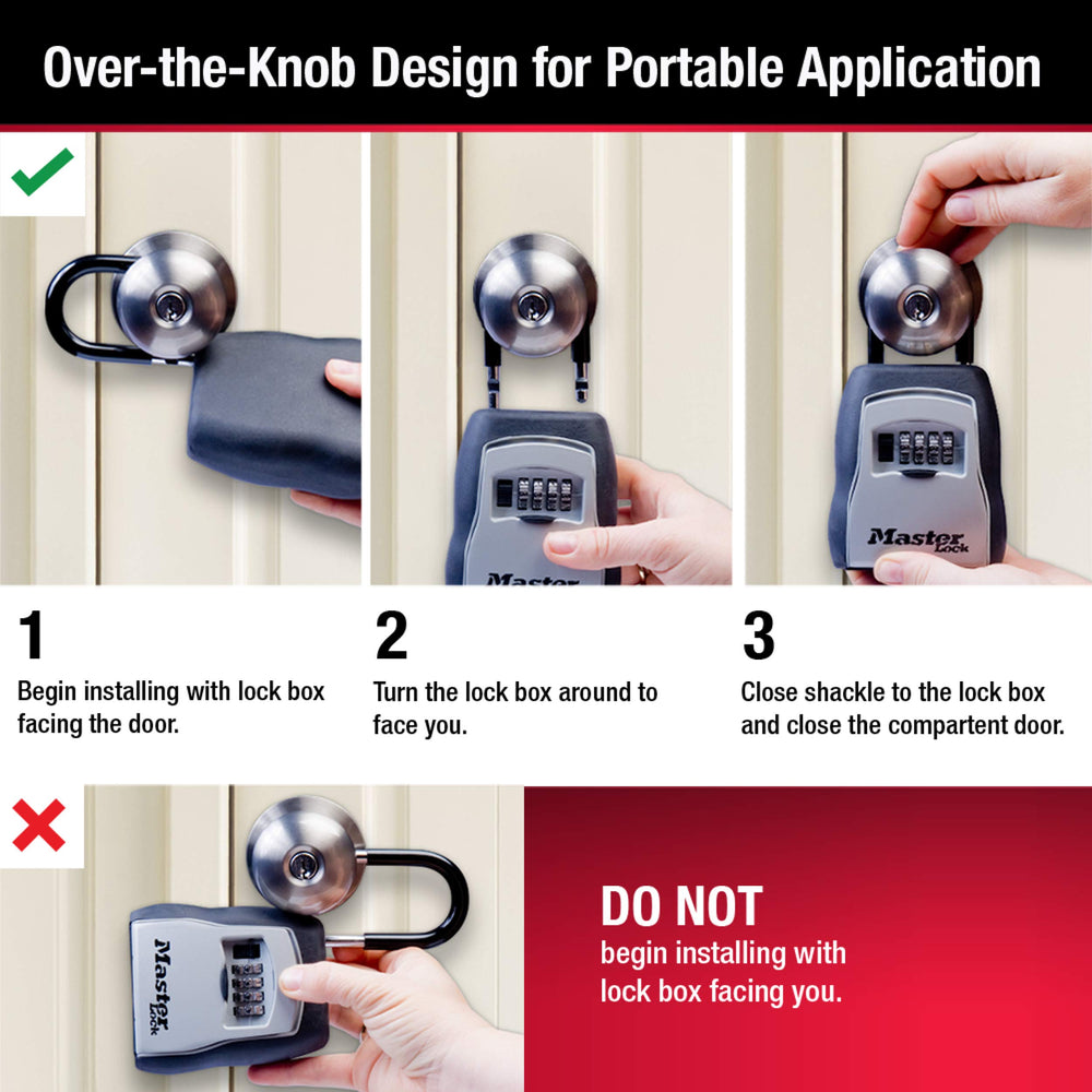 Master Lock hanging on door knob showing quick installation and practical use