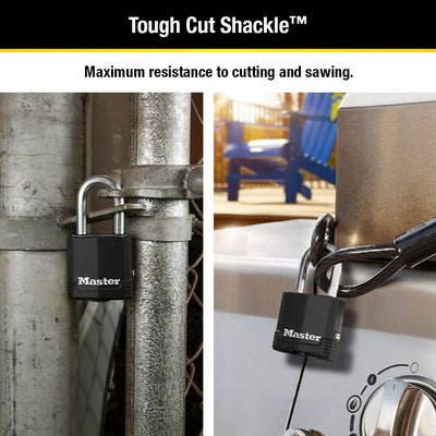 Master Lock hardened octagonal shackle detail for cutting resistance
