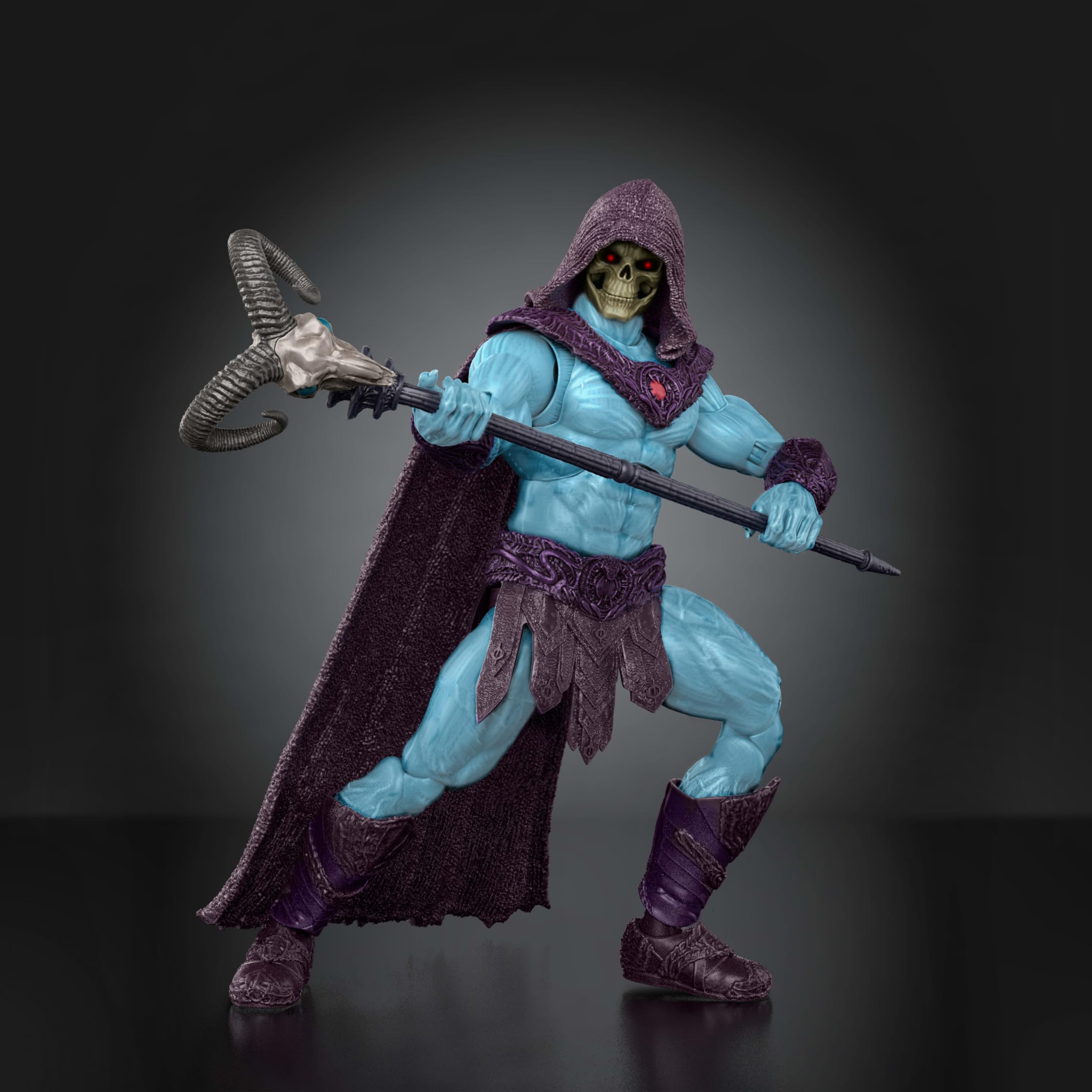 Masters of the Universe Skeletor in dynamic action pose for dramatic shelf display