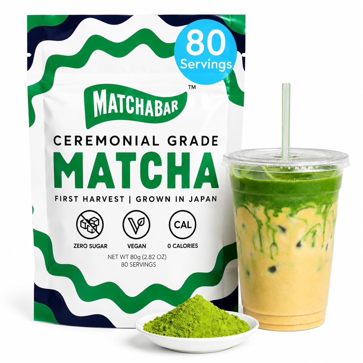 MATCHABAR envase frontal mostrando etiqueta y tamaño 80g, ideal para lattes