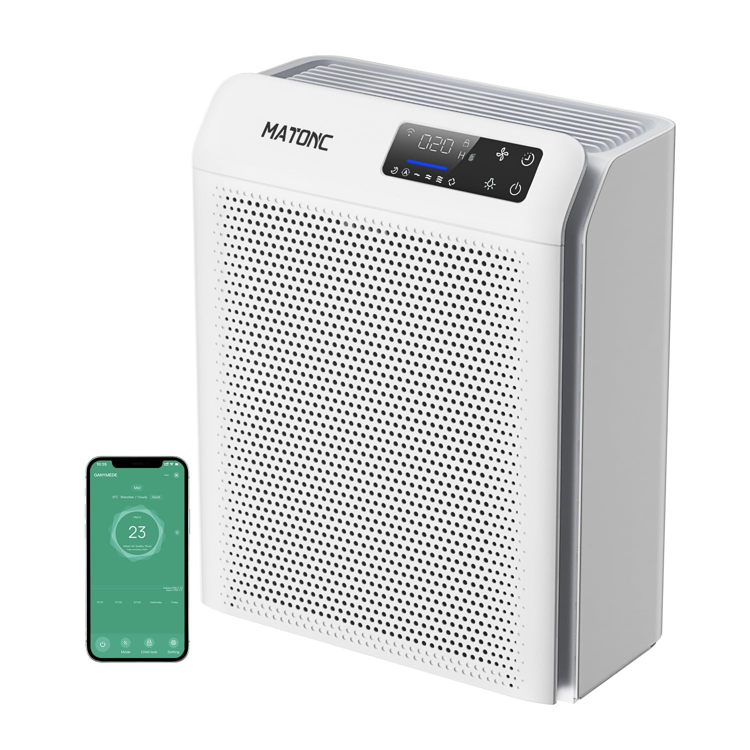 MATONC front view showing controls and modern design for easy placement