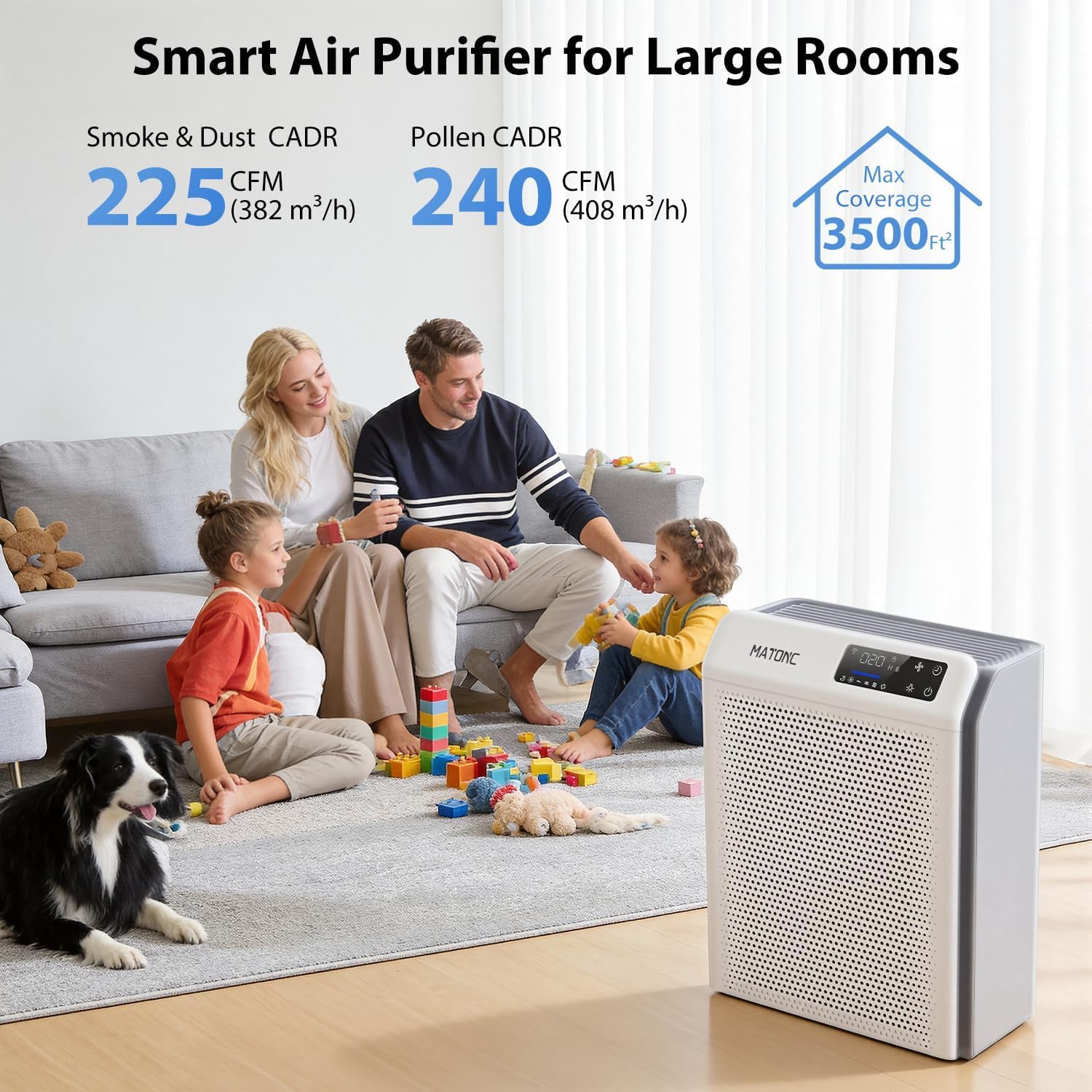 MATONC top AQI display with color indicators for instant air quality feedback