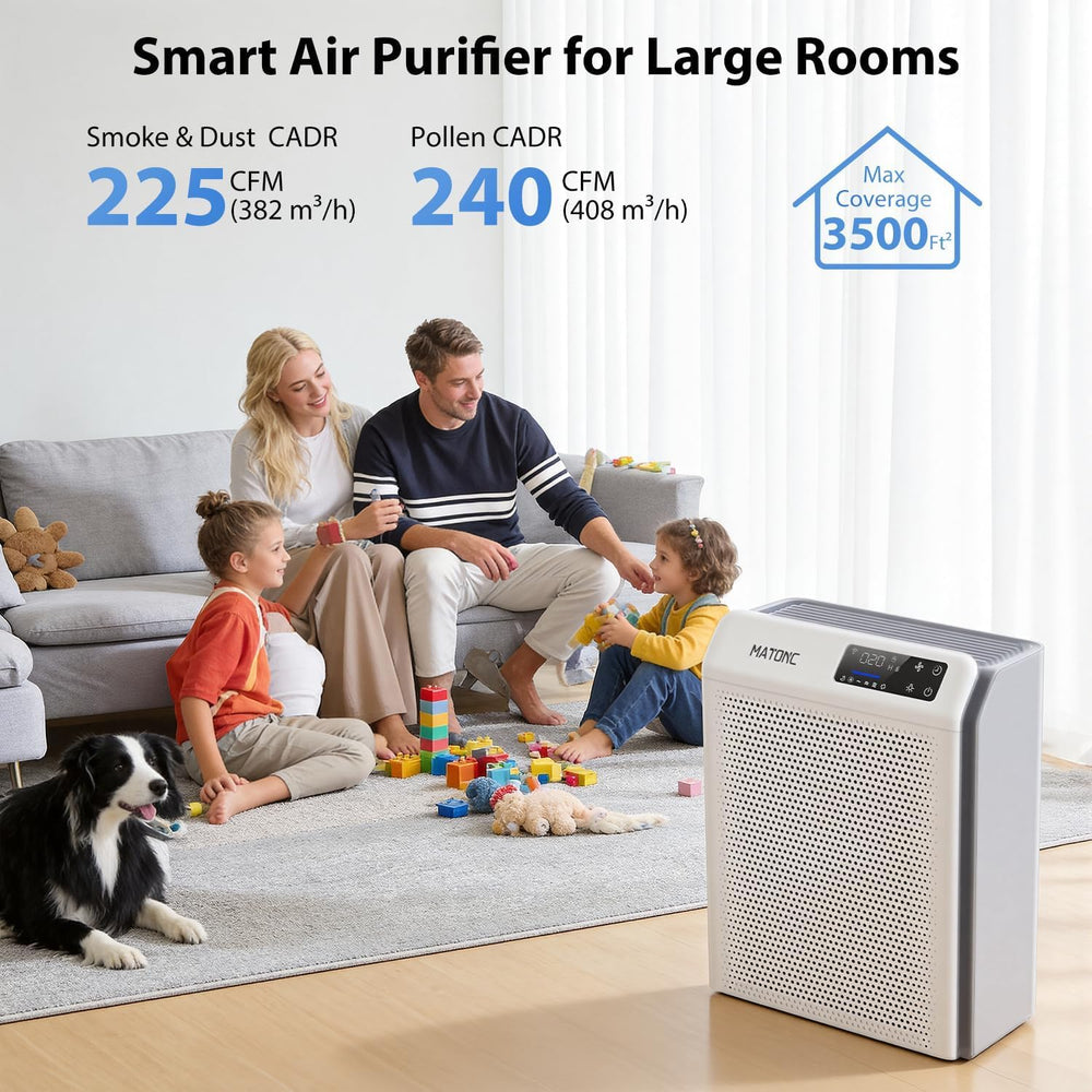 MATONC top AQI display with color indicators for instant air quality feedback