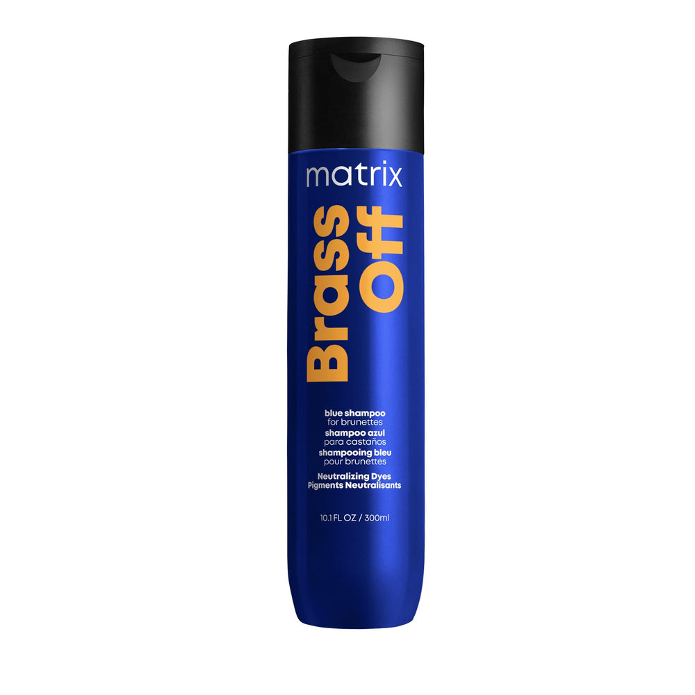 MATRIX front bottle showing Brass Off Blue Shampoo for quick toning benefits