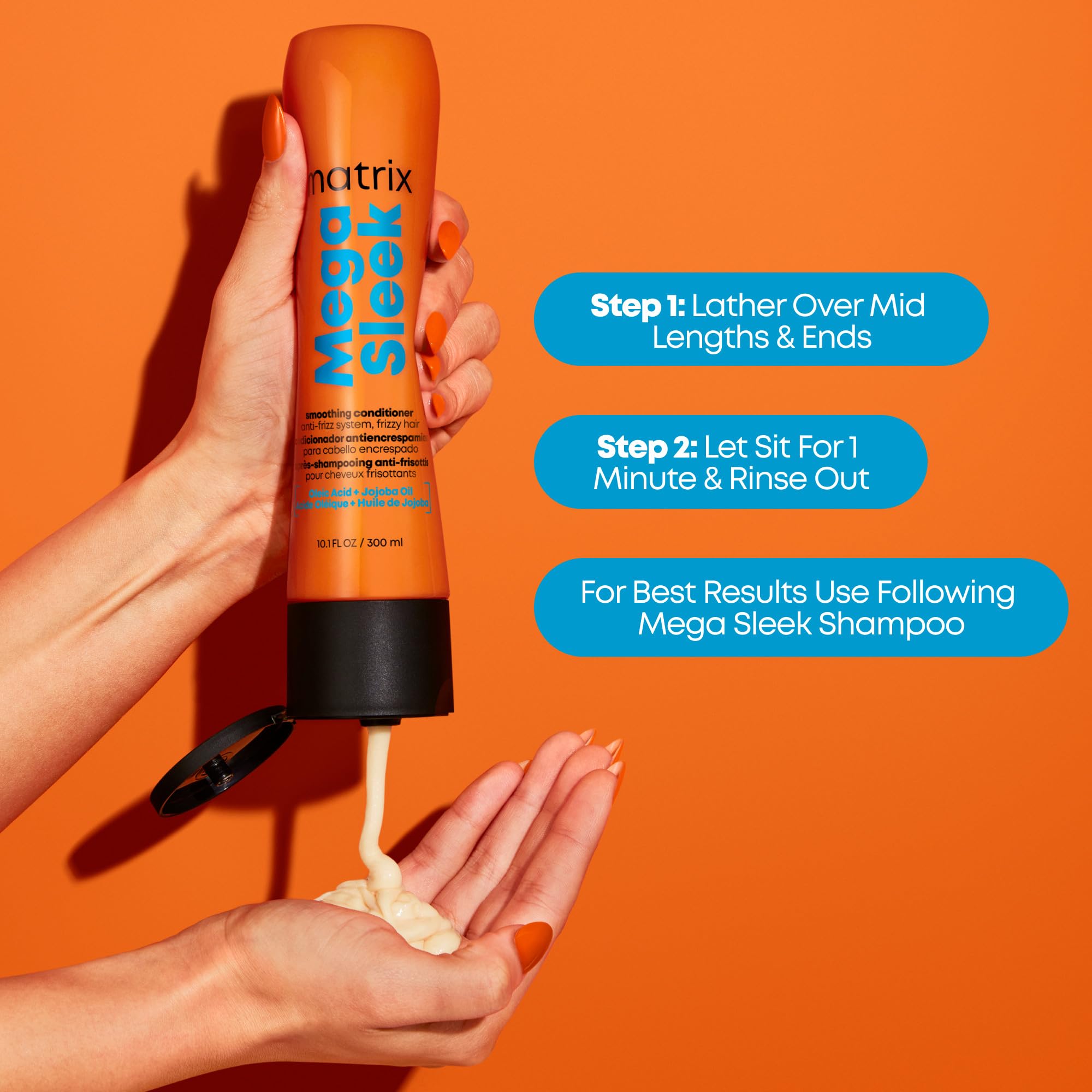 Matrix línea Mega Sleek con shampoo, acondicionador y topcoat para rutina completa