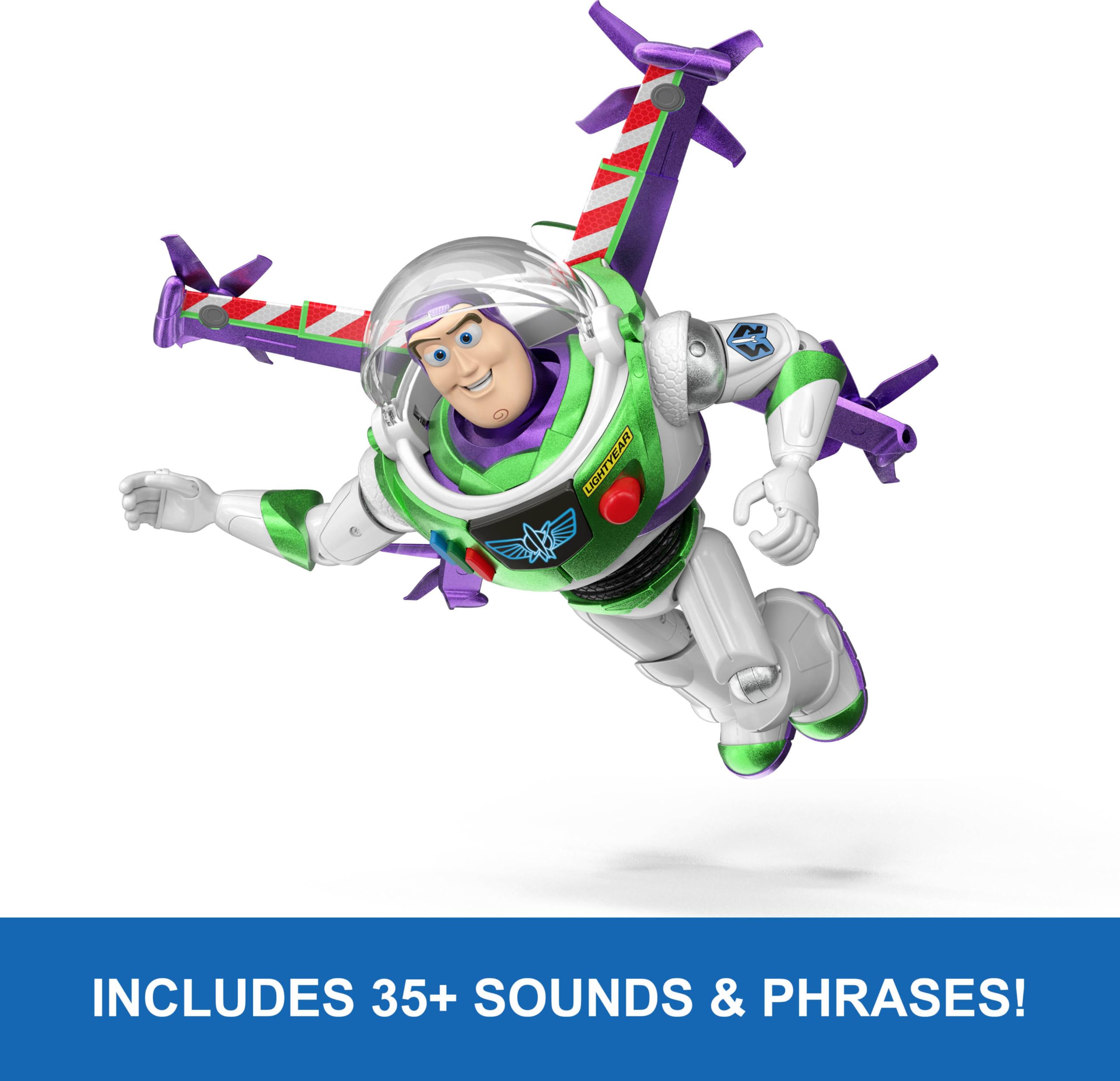 Mattel Buzz Lightyear chest buttons close-up highlighting sound activation and controls