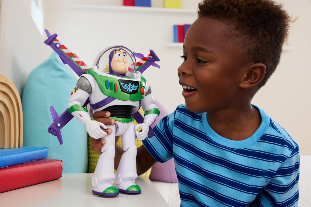 Mattel Buzz Lightyear mid wing deployment demonstrating Flight Mode and dramatic action