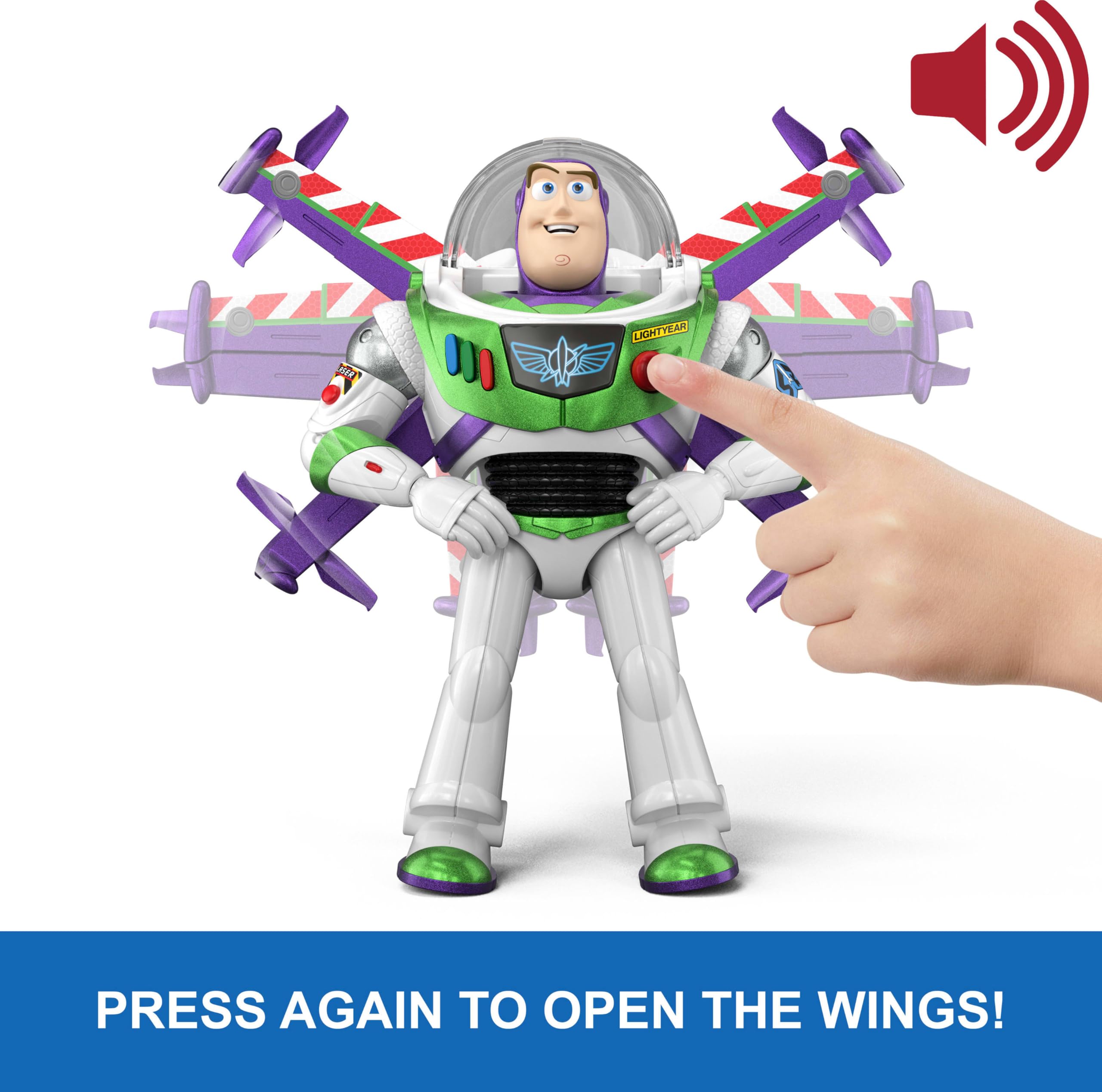 Mattel Buzz Lightyear held in a child's hand to show scale and easy grasping