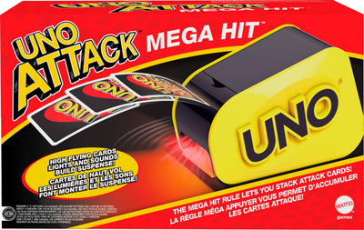 Mattel Games UNO Attack front packaging showing game set and benefits