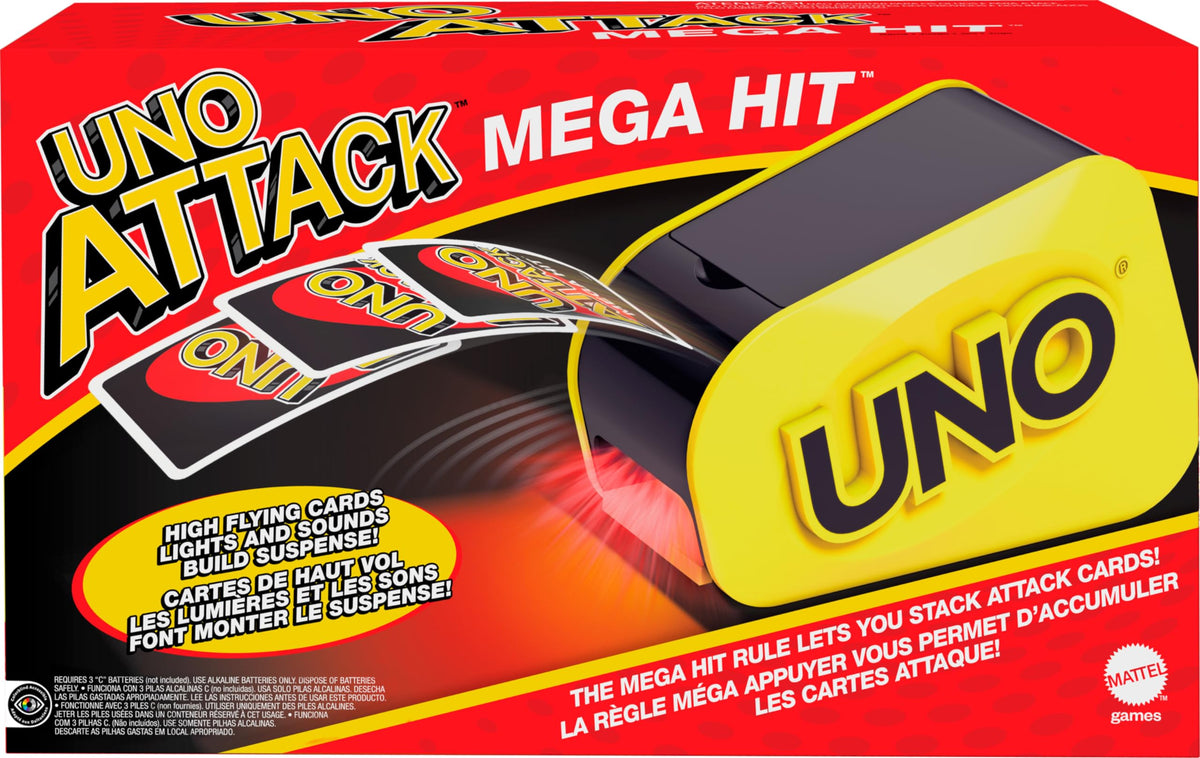 Mattel Games UNO Attack front packaging showing game set and benefits