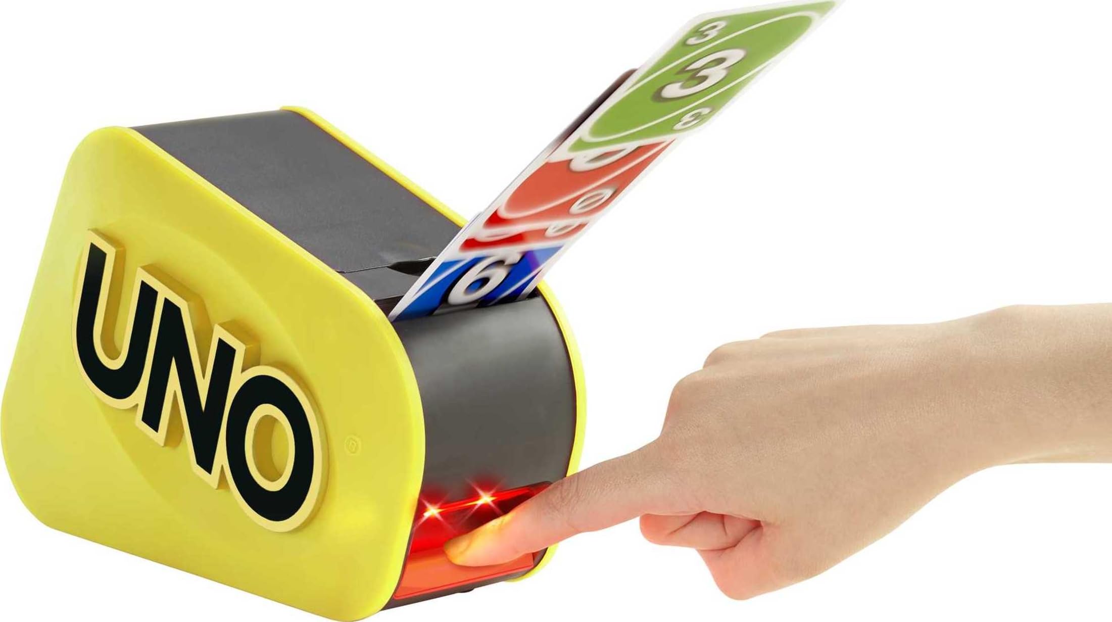 Mattel Games UNO Attack launcher close-up showing sleek design and excitement