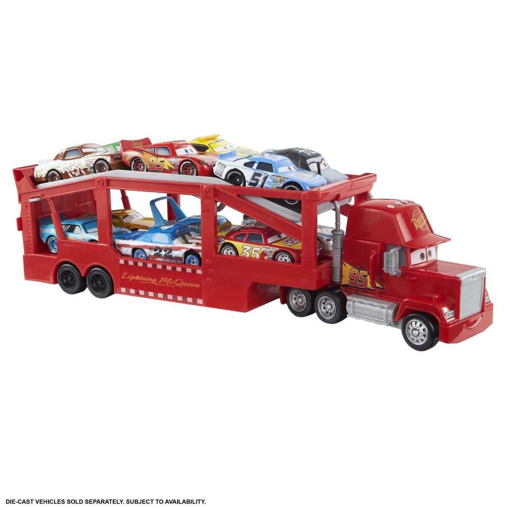 Mattel Mack Hauler rampa superior bajada facilitando carga rápida de coches